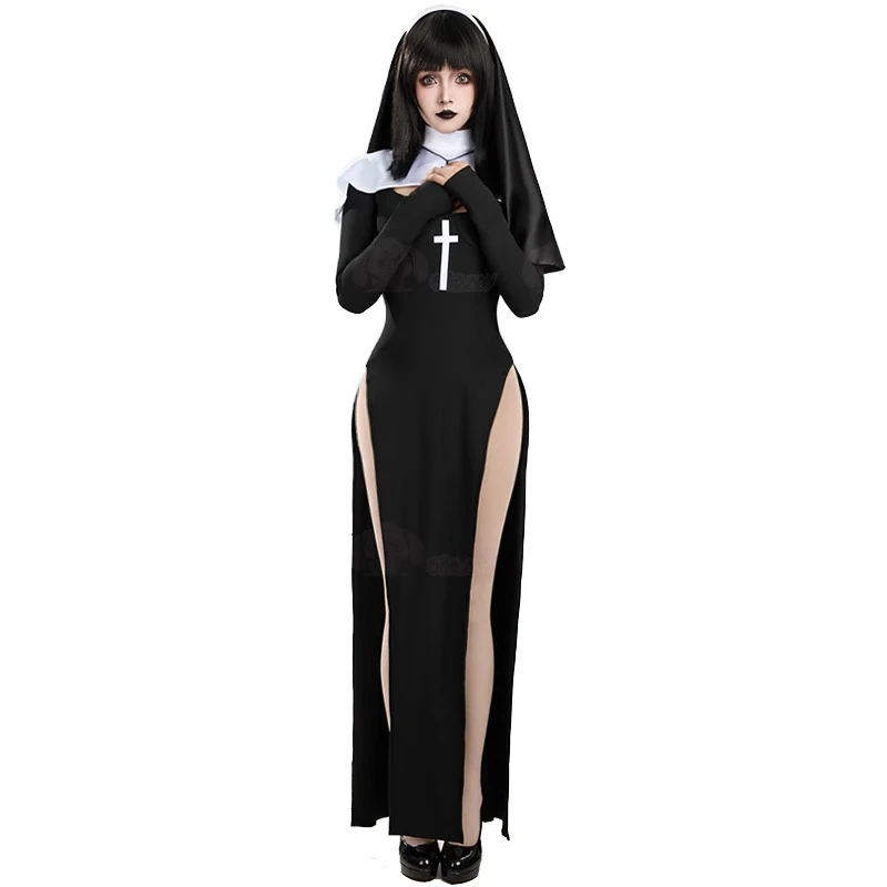 코스프레 의상 여성 섹시한 긴 소매 Balck 드레스  - Anime Cosplay Nun 리뷰 및 가격