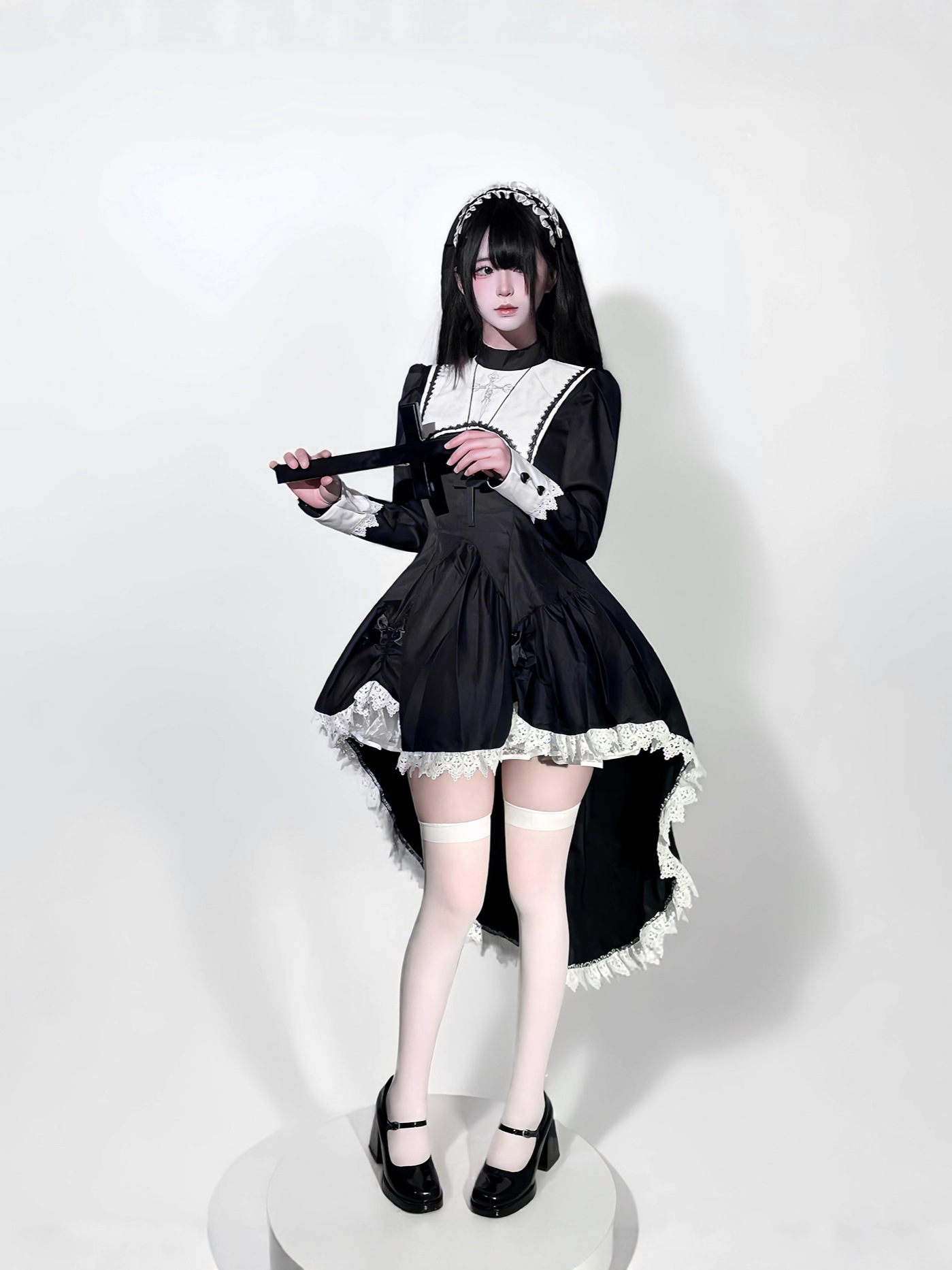고딕 스타일 어두운 자수 십자가 할로윈 수녀 의상 코스 - Anime Cosplay Nun 리뷰 및 가격